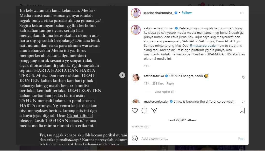 Sabrina Tanggapi Pemberitaan Soal Harta Peninggalan Vanessa 3