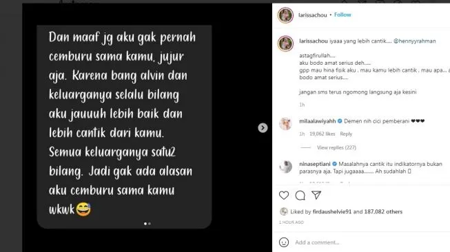 Unggah Bukti Istri Baru Alvin Faiz Hina Fisiknya, Larissa Chou: Value Seseorang Tidak Dilihat dari Fisik 4