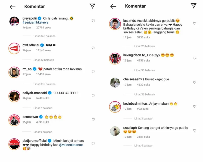 Kevin Sanjaya-Valencia Tanoesoedibjo Akhirnya Go Public, Banjir Ucapan Selamat 5 Komentar warganet di Instagram Kevin Sanjaya, banyak yang berikan selamat