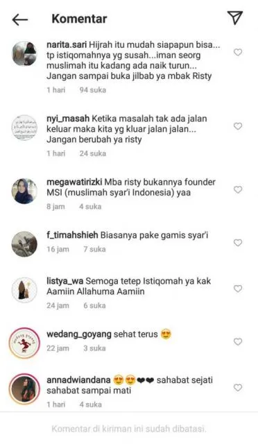 Penampilan Risty Tagor Tak Lagi Syar'i, Warganet Ingatkan Soal Istiqomah 5 Kolom komentar Risty Tagor