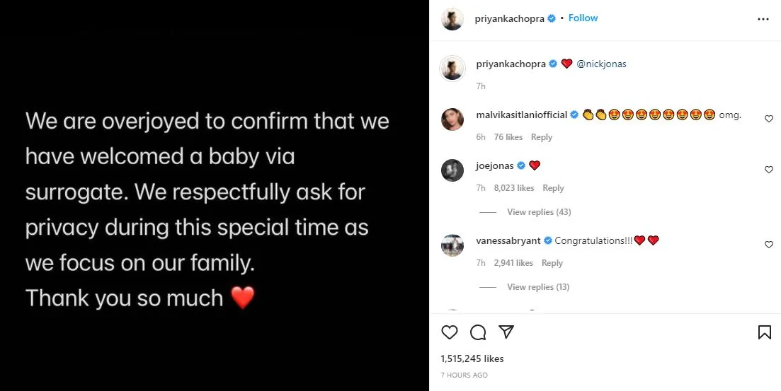Priyanka Chopra dan Nick Jonas Sambut Bahagia Anak Pertama dari Ibu Pengganti 4 Priyanka Chopra punya anak
