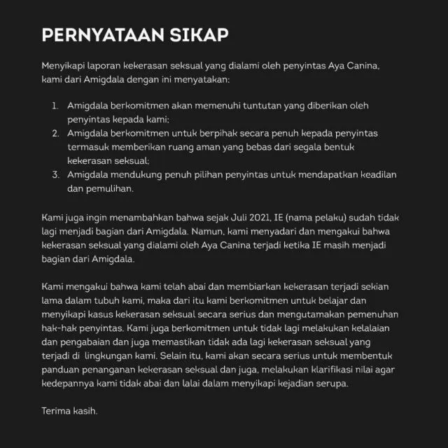 Amigdala Tanggapi Kasus Kekerasan yang Menimpa Mantan Vokalis 6 Amigdala klarifikasi