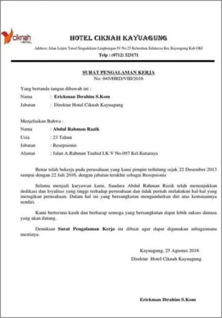 Contoh Surat Referensi Kerja untuk Berbagai Kepentingan 10 Contoh surat referensi kerja hotel