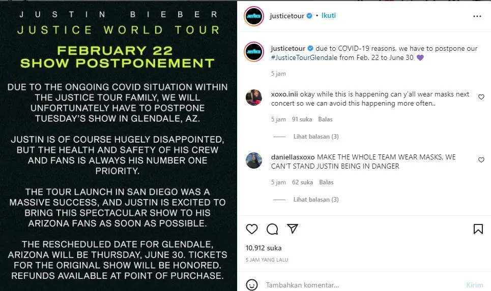 Justin Bieber Dinyatakan Positif Covid-19, Dua Konser Besarnya Harus Ditunda 4 Konser Justin Bieber ditunda