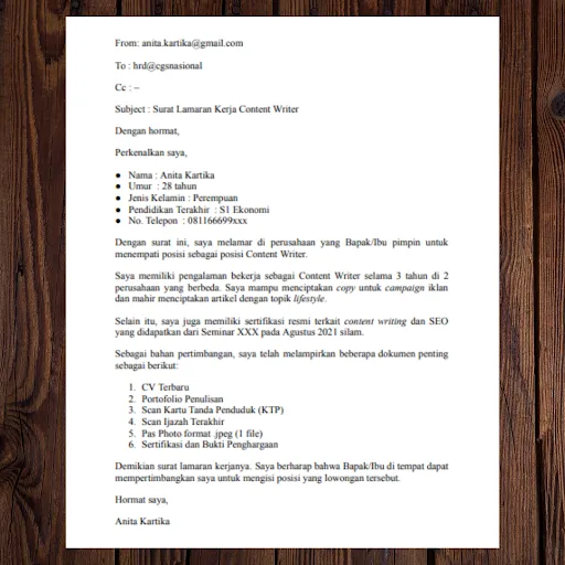 3+ Contoh Surat Lamaran Kerja Simple untuk Fresh Graduate 9 Surat lamaran kerja