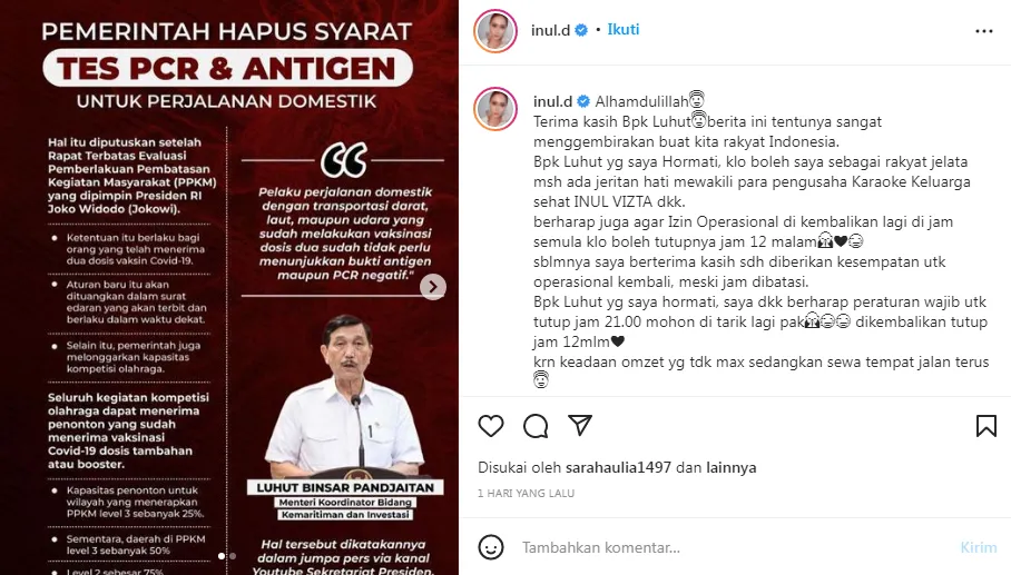 Inul Daratista Ajukan Permohonan ke Menteri Luhut Usai Tes PCR dan Antigen Dihapus 4 Inul Daratista
