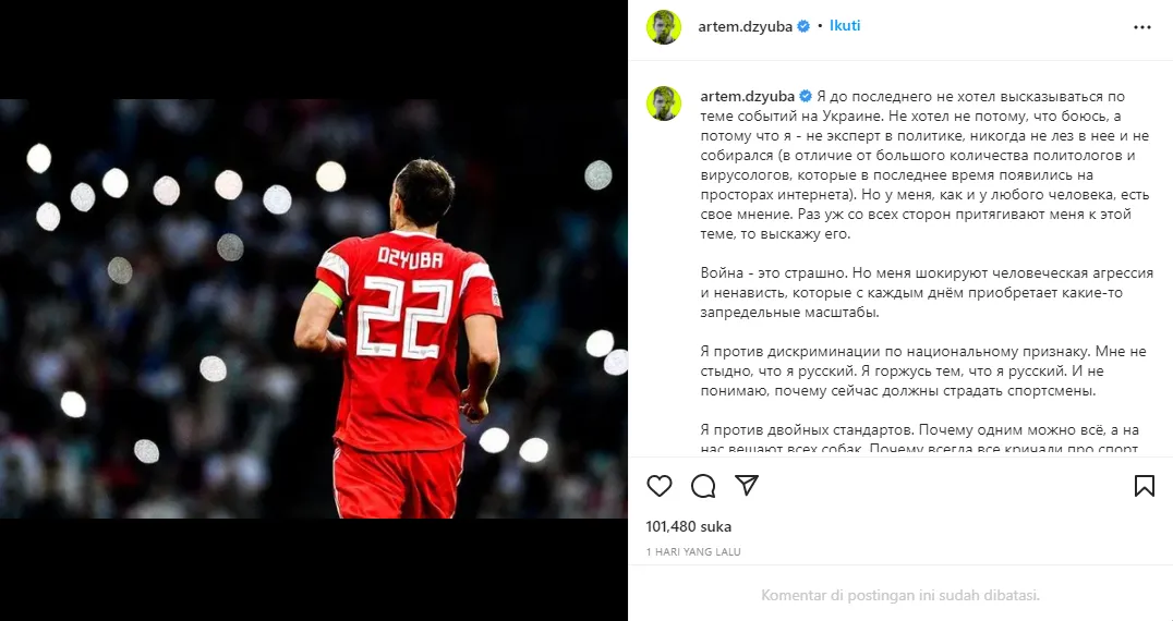 Pemain Rusia Diserang Pemain Ukraina, Artem Dzuyba Jelaskan Posisinya 5 Postingan Instagram Dzyuba