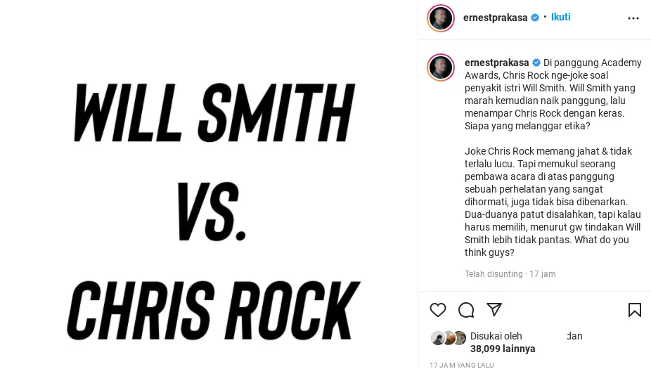 Ernest Prakasa Komentari Soal Will Smith Tampar Chris Rock di Oscar 2022 3 Komentar Ernest Prakasa Soal Will Smith Tampar Chris Rock di Oscar 2022 Tuai Pro Kontra Warganet