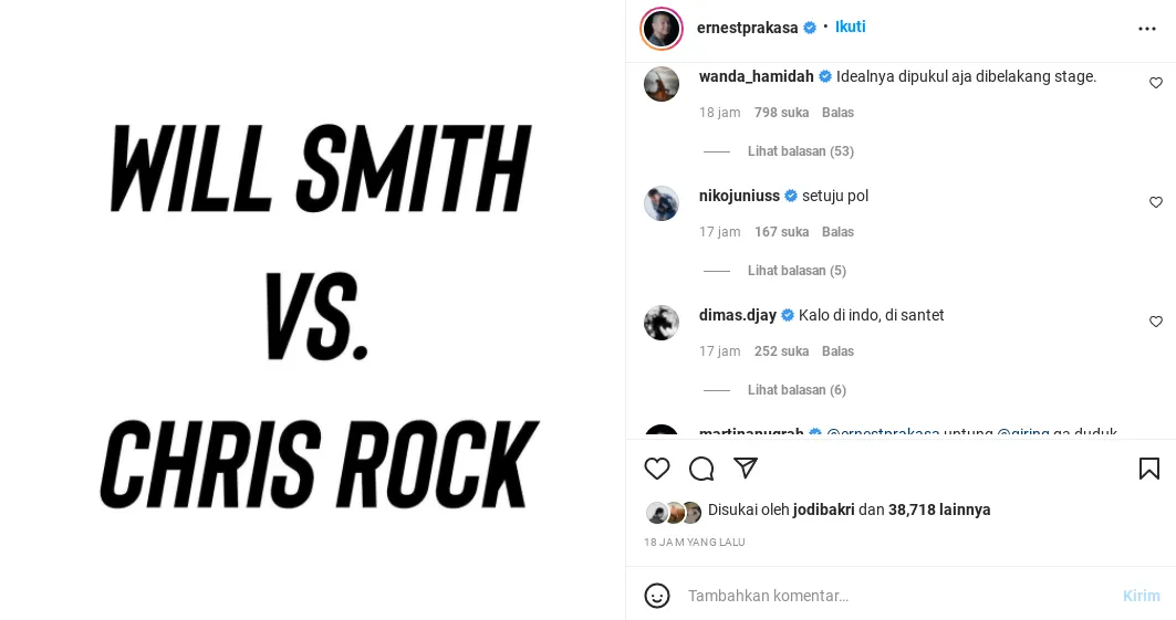 Ernest Prakasa Komentari Soal Will Smith Tampar Chris Rock di Oscar 2022 4 Komentar Ernest Prakasa Soal Will Smith Tampar Chris Rock di Oscar 2022 Tuai Pro Kontra Warganet