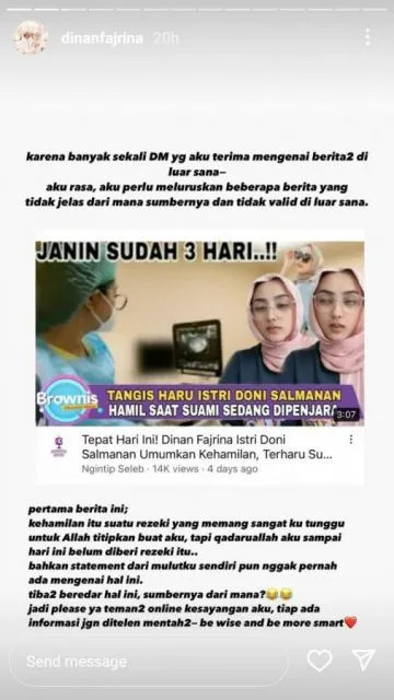 Dinan Fajrina Dikabarkan Tengah Hamil Anak Doni Salmanan, ini Penjelasannya 3 Dinan Fajrina menanggapi isu yang menyebut dirinya tengah hamil