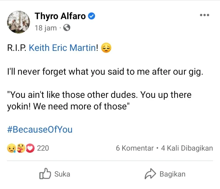 Keith Martin Pelantun Lagu Because of You Meninggal Dunia, Begini Kronologinya 3 Ucapan duka dari artis dan penyanyi