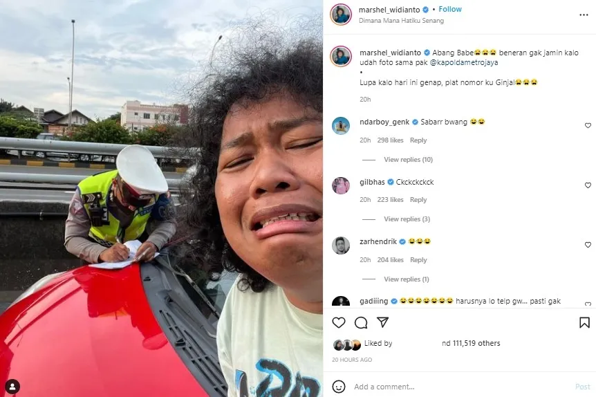Marshel Widianto Unggah Foto Kocak saat Ditilang, Berharap Agar Bisa Lolos 3 Marshel Widianto
