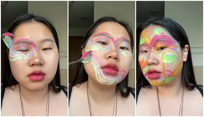 9 Potret Makeup Unik dari Tetesan Cat Wajah ala MUA @sunshinethebee. Stunning! 9 Menggunakan flat brush