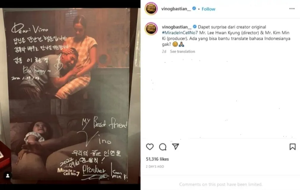 Vino G Bastian Dapat Surat dari Kreator Asli Miracle in Cell No. 7, Minta Diartikan dari Bahasa Korea 3 Vino dapat hadiah dari kreator asli Miracle in Cell No. 7