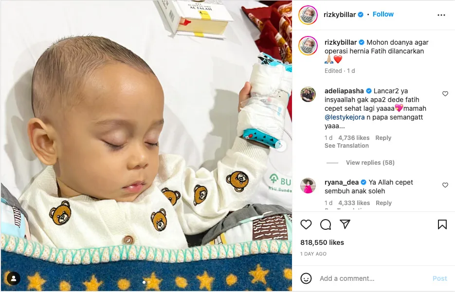 Rizky Billar Ungkap Kondisi Anak Usai Operasi, Sebut Fatih Idap Hernia Inguinalis 4 anak rizky billar operasi hernia