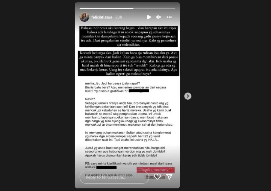 Felicia Tissue Dituding Jualan Kripik karena Gagal Jadi Mantu Presiden, Ibunda Beri Jawaban Menohok 4 Bisnis Felicia Tissue