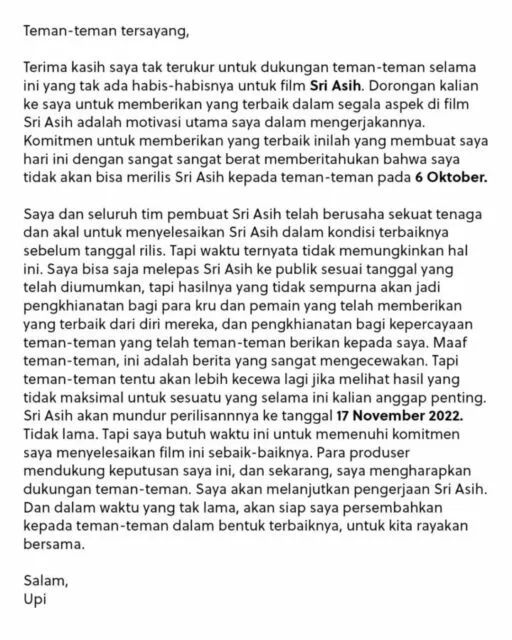 Perilisan Film Sri Asih Diundur, Sutradara Beberkan Alasan dan Jadwal Rilis Baru 3 Surat terbuka dari sutradara Sri Asih