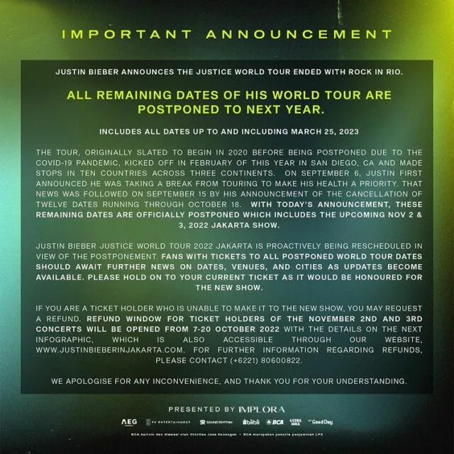 Konser Justin Bieber di Jakarta Resmi Ditunda hingga Tahun Depan 3 Cara refund tiket konser justin bieber