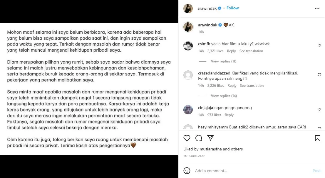 Arawinda Kirana Akhirnya Buka Suara Usai Diterpa Rumor Pacari Suami Orang 3 Arawinda Kirana klarifikasi