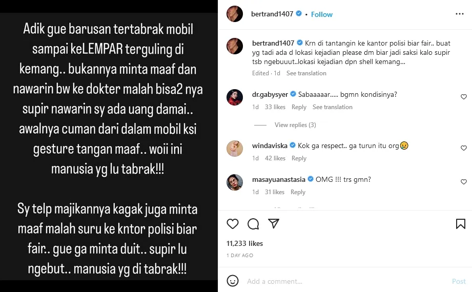 Adiknya Ditabrak Mobil, Bertrand Antolin Geram Pelaku Tawari Uang Damai 3 Bertrand menolak uang damai