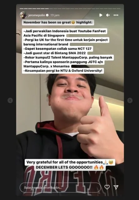 Jerome Polin Bagikan Pencapaian di November, Ajak Hadapi Rasa Insecure dalam Diri Sendiri 3 Pencapaian November Jerome Polin