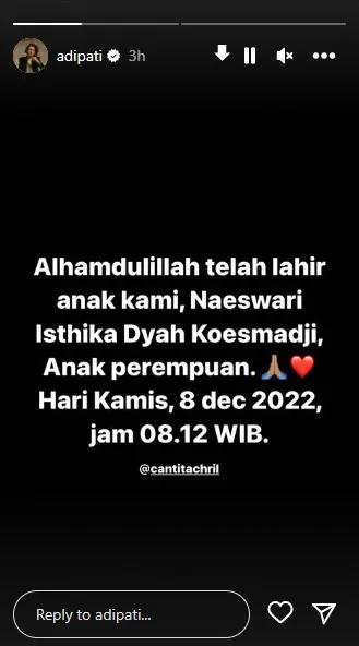 Adipati Dolken dan Canti Tachril Sambut Kelahiran Anak Pertama Mereka. Selamat! 3 Adipati Dolken umumkan kelahiran anak pertama