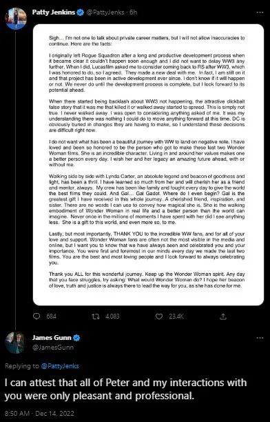 Sutradara Buka Suara Soal Wonder Woman 3 Batal Diproduksi. Resah dengan Rumor yang Beredar 2 James Gunn balas pernyataan Jenkins