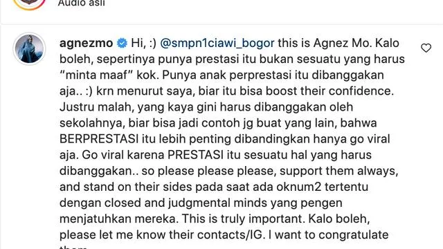 Agnezmo Apresiasi Siswa SMPN 1 Ciawi yang Dianggap Generasi Rusak, Beri Pesan ke Pihak Sekolah 3 Komentar Agnezmo terhadap klarifikasi SMPN 1 Ciawi