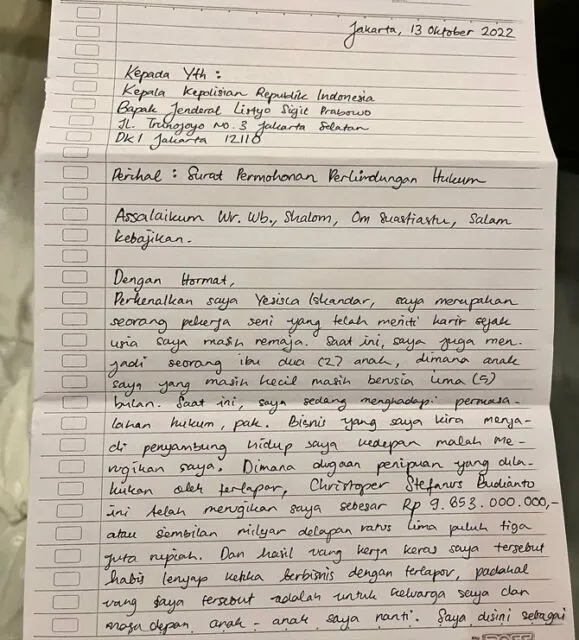 Jessica Iskandar Tulis Surat ke Presiden Jokowi, Putus Asa Kasus Hukumnya Tak Ada Kemajuan 5 Isi surat Jedar kepada Kapolri