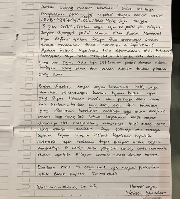 Jessica Iskandar Tulis Surat ke Presiden Jokowi, Putus Asa Kasus Hukumnya Tak Ada Kemajuan 6 Isi surat Jedar kepada Kapolri