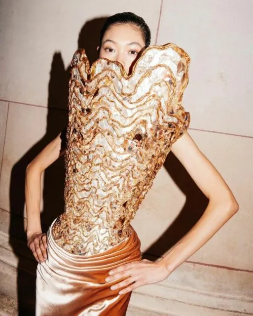 7 Potret Busana Couture Schiaparelli di Paris Fashion Week, Bertema Hewan dan Ramai Dikecam 11 Champagne liquid velvet skirt