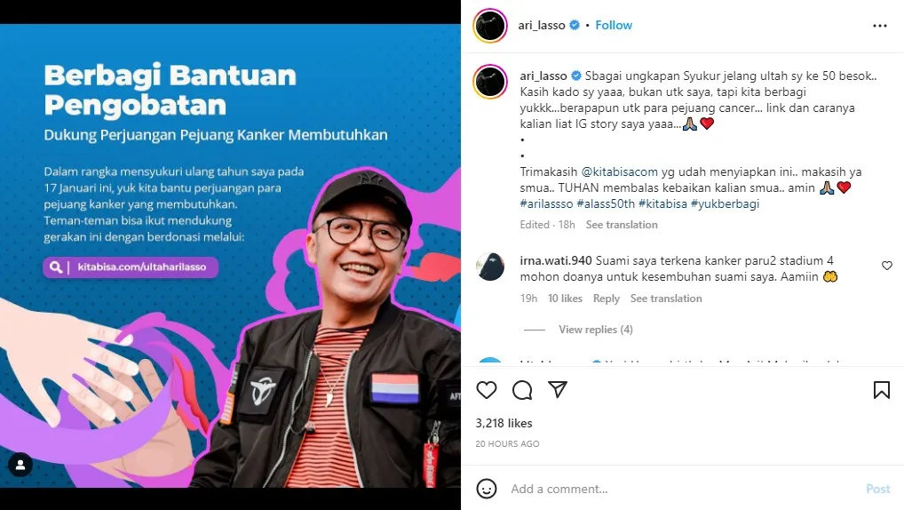 Rayakan Ulang Tahun ke-50, Ari Lasso Ajak Warganet Berdonasi untuk Pejuang Kanker 3 Ari Lasso buka donasi untuk pejuang kanker