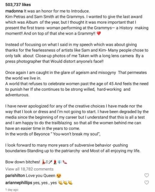 Madonna Beri Jawaban Menohok Usai Wajahnya Dikritik Saat Tampil di Grammy Awards 2023 4 Pernyataan lengkap Madonna