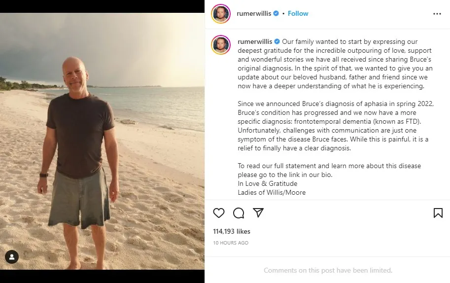 Usai Putuskan Rehat dari Dunia Akting, Aktor Bruce Willis Didiagnosis Demensia Frontotemporal 5 Unggahan putri sulung Bruce Willis