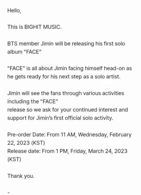 Jimin BTS Siap Luncurkan Album Solo Bertajuk FACE, BIGHIT Rilis Teasernya 3 Keterangan BIGHIT soal album Jimin bertajuk FACE