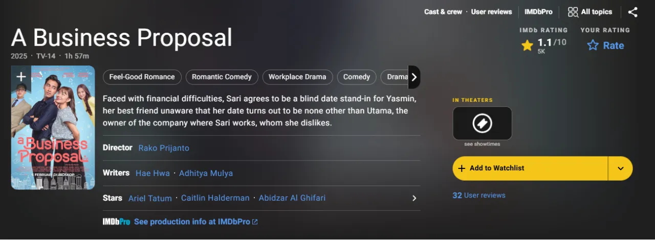 Rating 'A Business Proposal (2025)' Anjlok ke 1.1 di IMDB 2 skor a business proposal di IMDB