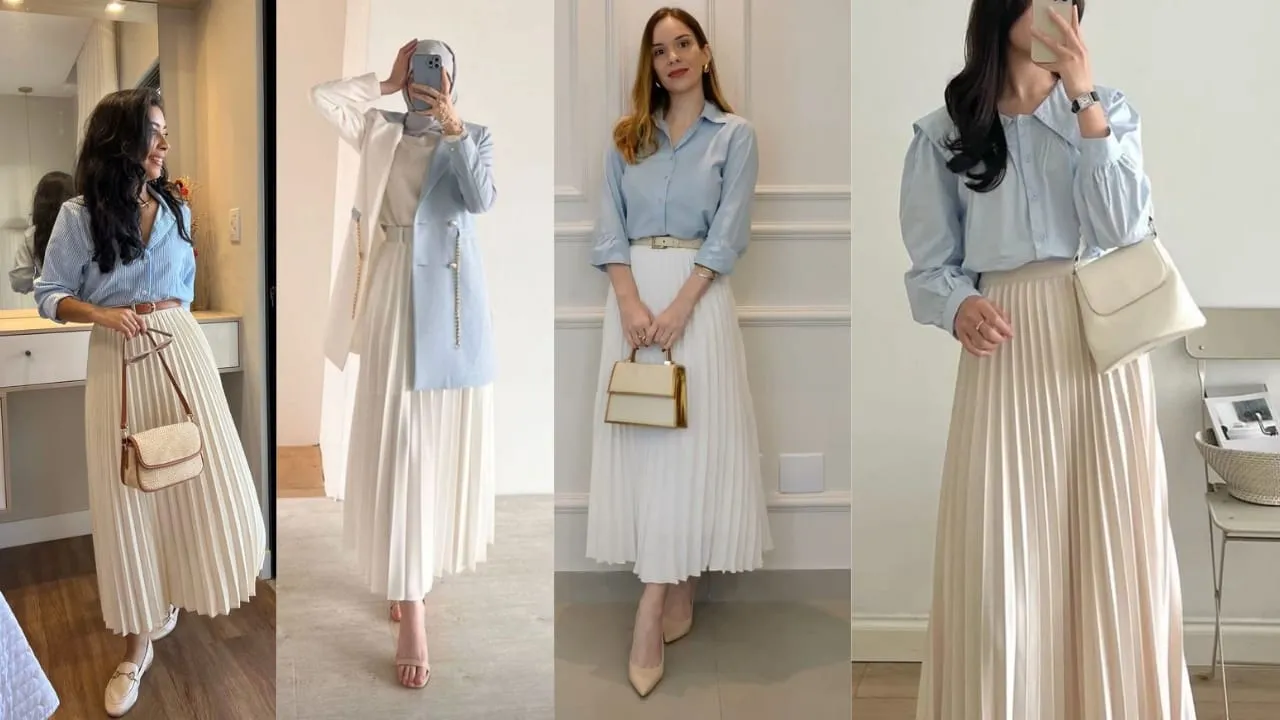 15 Inspirasi Outfit Cewek Kue Paling Playful & Aesthetic, Auto Makin Stand Out! 24 Blouse/Kemeja Baby Blue + Rok Plisket Putih / Cream