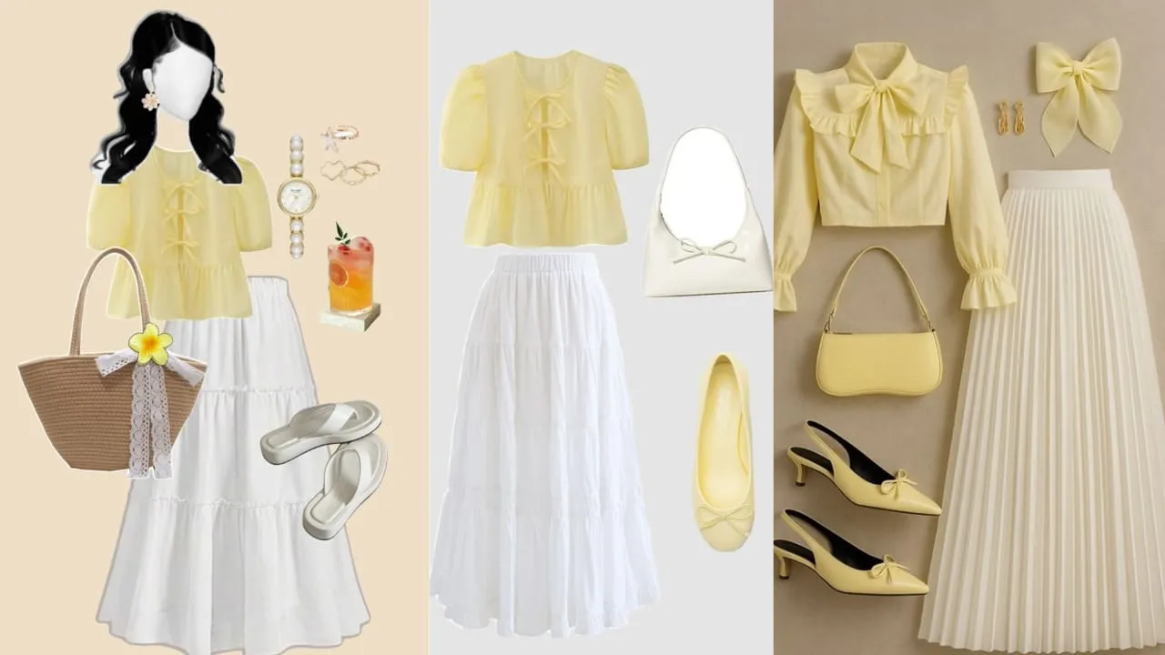 15 Inspirasi Outfit Cewek Kue Paling Playful & Aesthetic, Auto Makin Stand Out! 19 Blouse Puff Sleeve Kuning Pastel + Long Skirt Putih