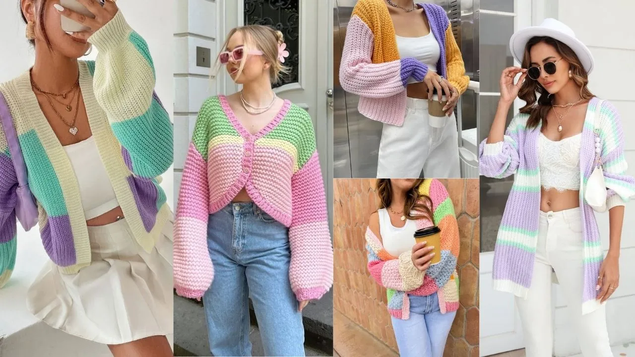 15 Inspirasi Outfit Cewek Kue Paling Playful & Aesthetic, Auto Makin Stand Out! 31 Outer Knit Multicolor + Bawahan Satu Warna