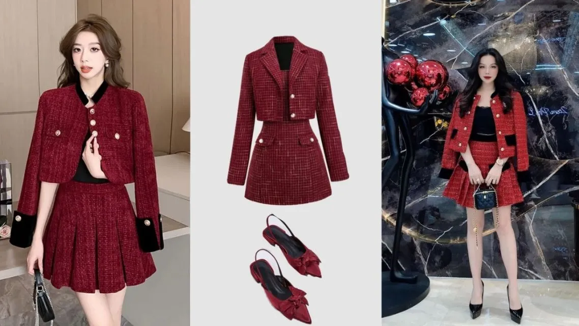 Tweed Set Merah Maroon Ala Korean Style