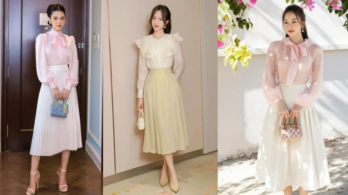 Blouse Satin + Rok Pleated Midi