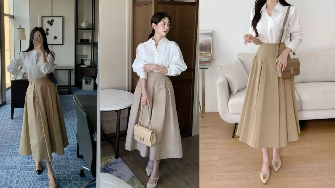 12 Inspirasi Outfit Jumat Agung Wanita yang Sopan dan Elegan Anti Saltum untuk Ibadah 15 Kalem Bersih â Blouse Putih dan Tan Long Skirt