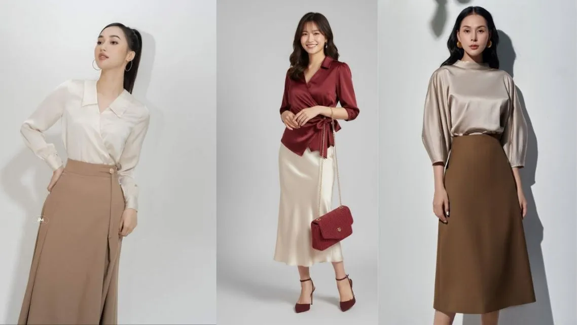 12 Inspirasi Outfit Jumat Agung Wanita yang Sopan dan Elegan Anti Saltum untuk Ibadah 20 Chic Sederhana â Blouse Satin dan Rok A-line