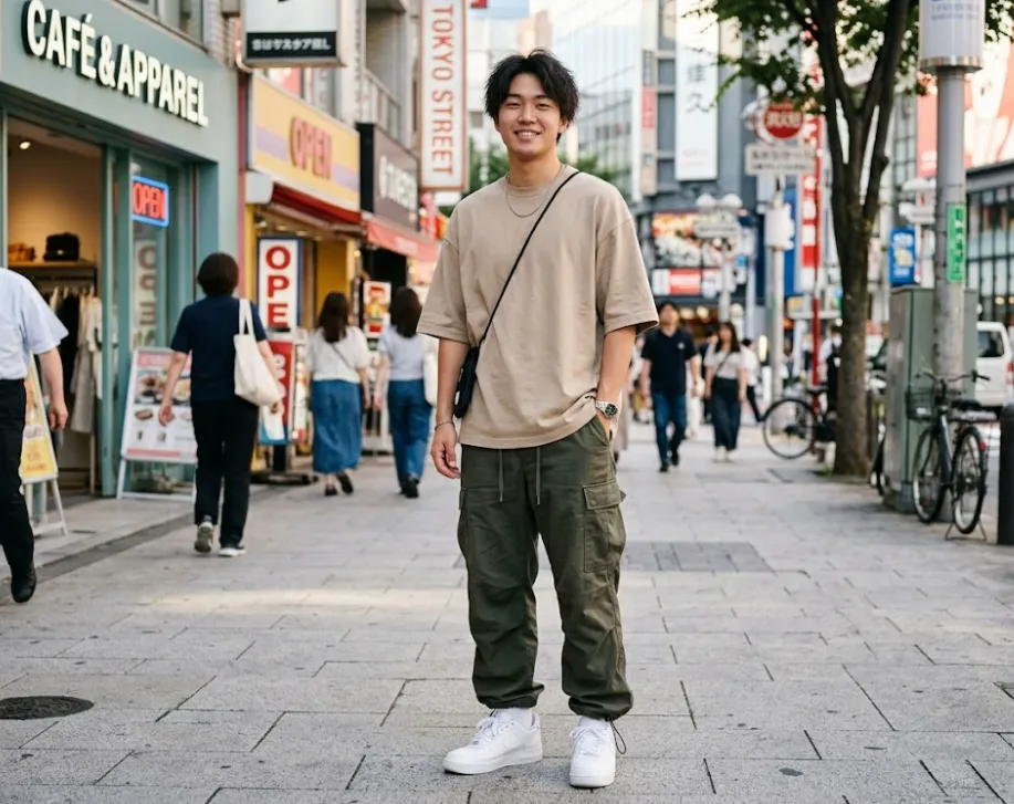 hipwee-outfit nonton konser pria Kaos oversized netral + cargo pants + sneakers putih