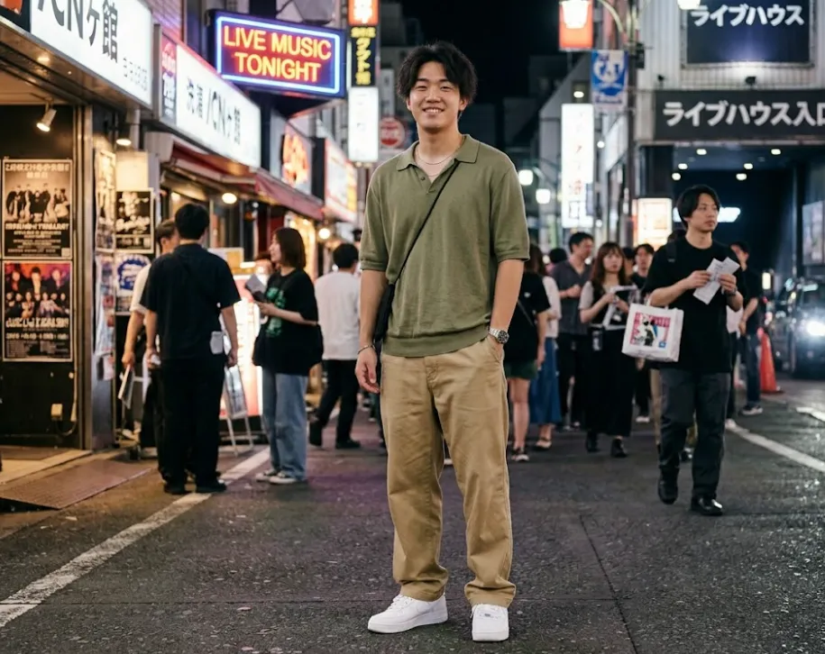 hipwee-outfit konser priaPolo rajut tipis + chino longgar + leather sneakers