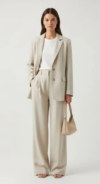 beige oversized blazer + white tank top + cream wide-leg pants