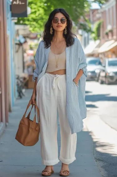 cardigan tipis + tank top + celana wide pants flowing