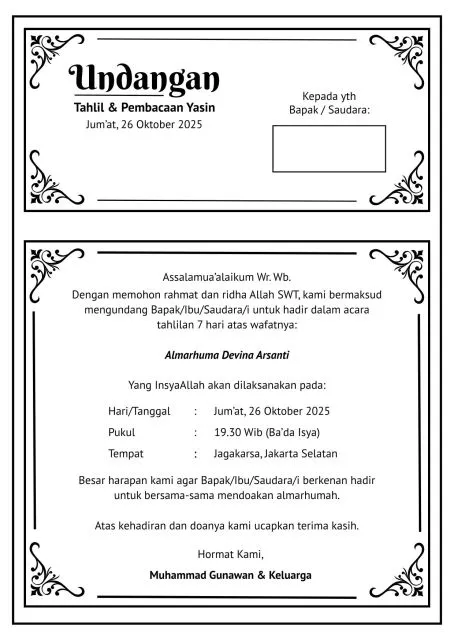 contoh undangan tahlil 7 hari