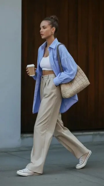 kemeja oversized garis + celana straight fit + sneakers