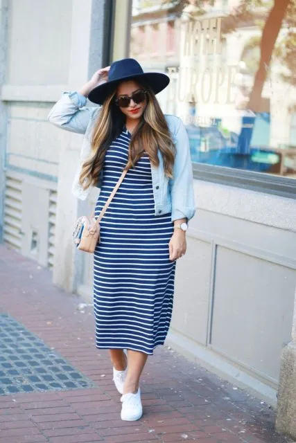 midi dress rajut + outer ringan + sneakers
